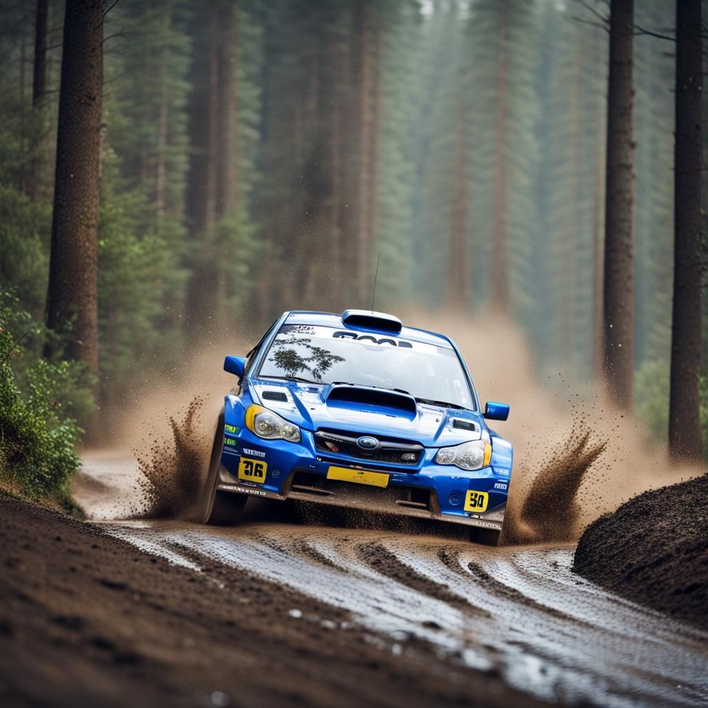 Subaru Impreza Rally Car Drifting on Forest Road