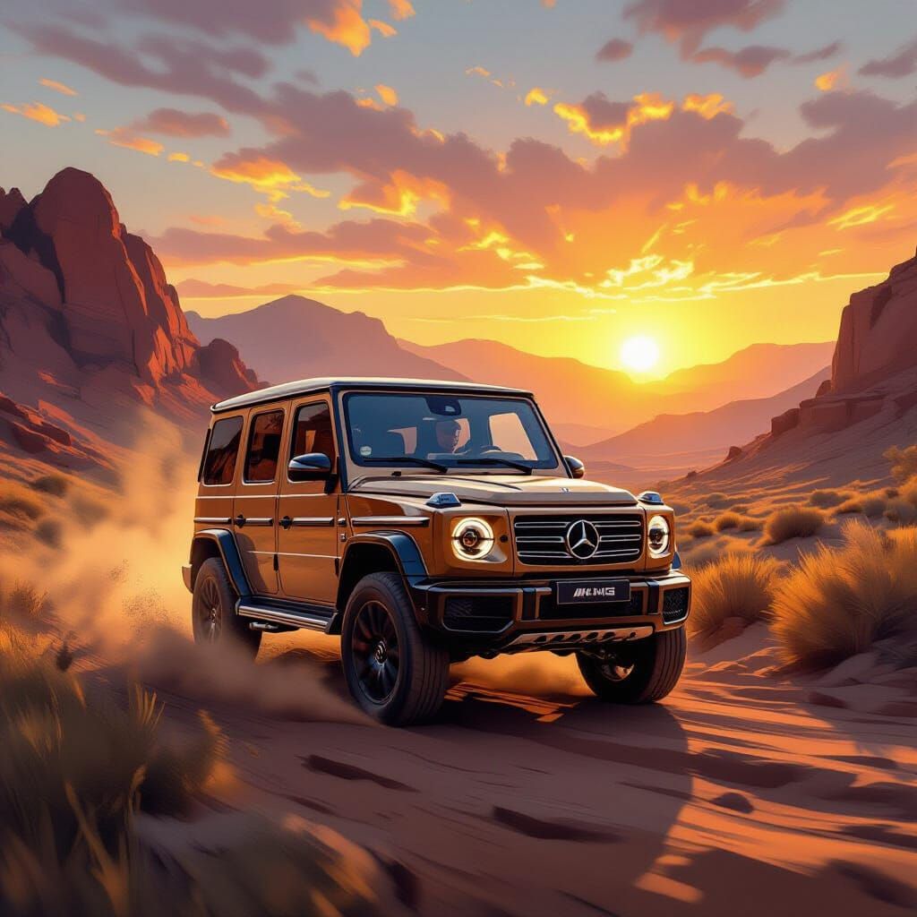 G-Class AMG Drives Through Mountain Terrain at Sunset in Imp...