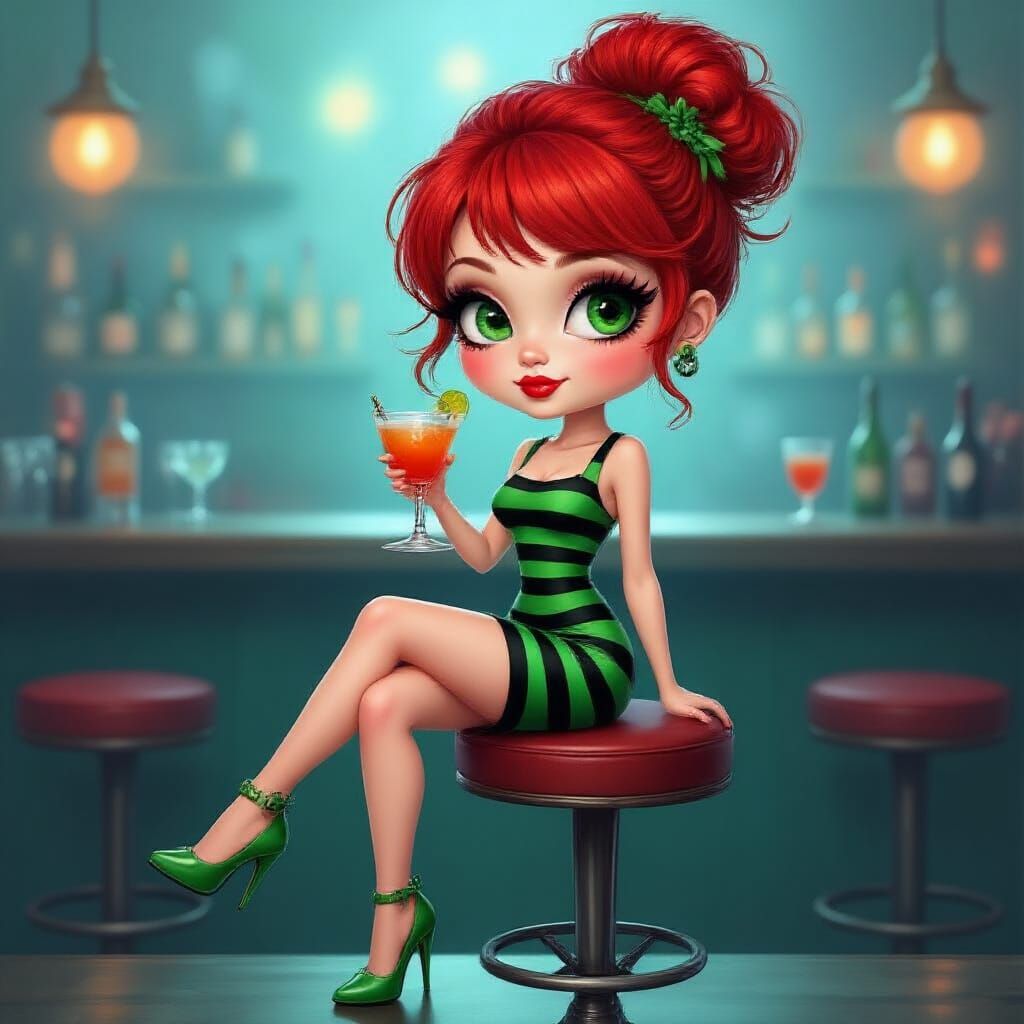 Chibi Woman at Bar with Cocktail in Fauvist Style