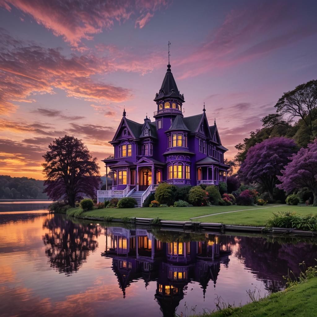 Purple Victorian House at Sunset on Lake