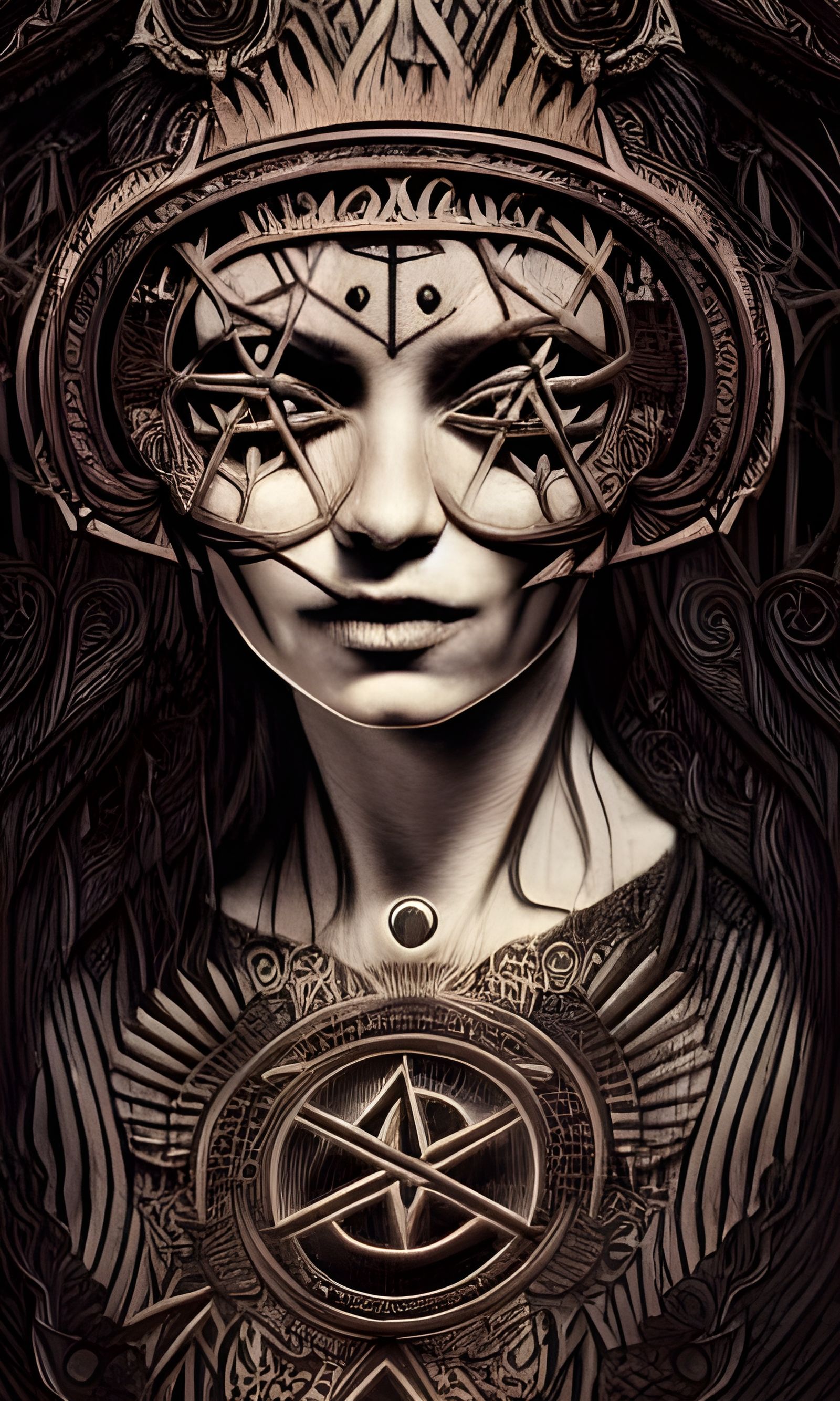 Elaborate Occult Symbols Carved on Wooden Witch