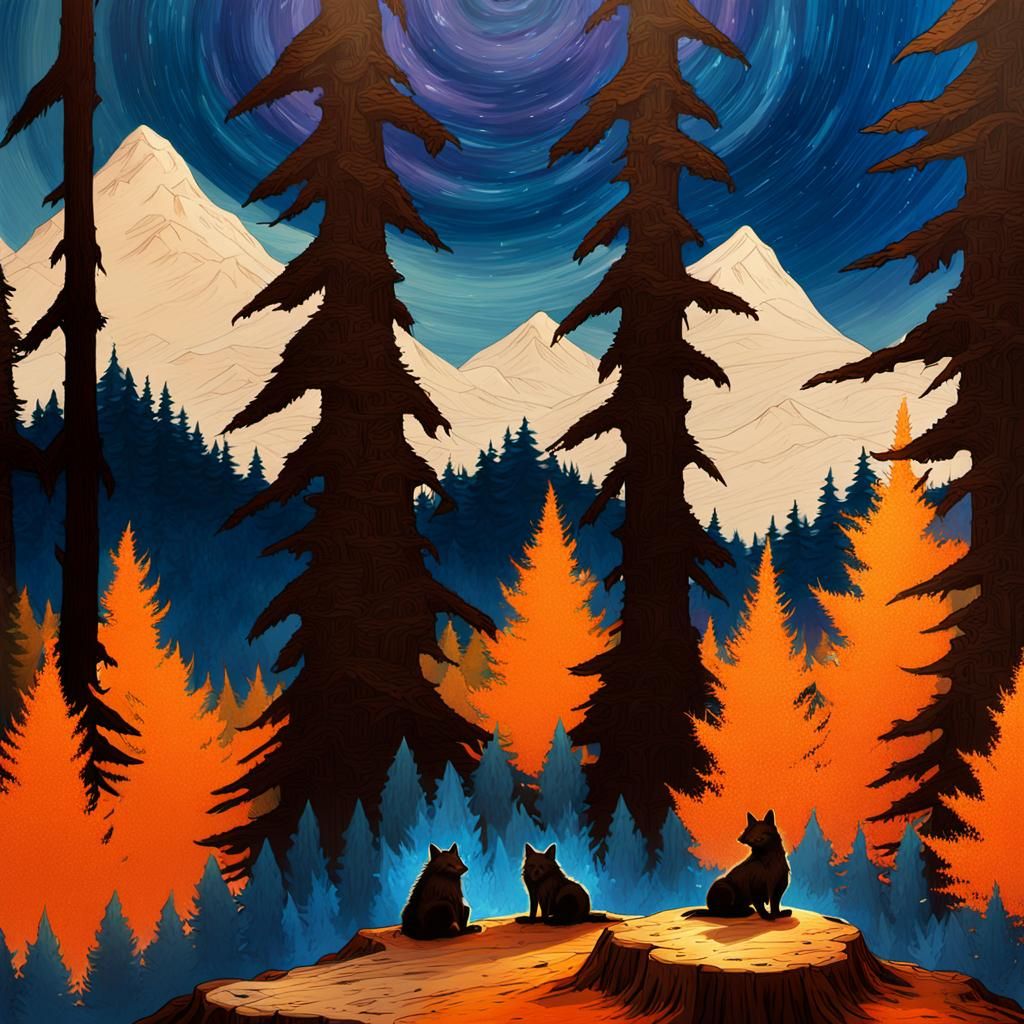 Aliens and Wolves in Mystical Forest Concept Art