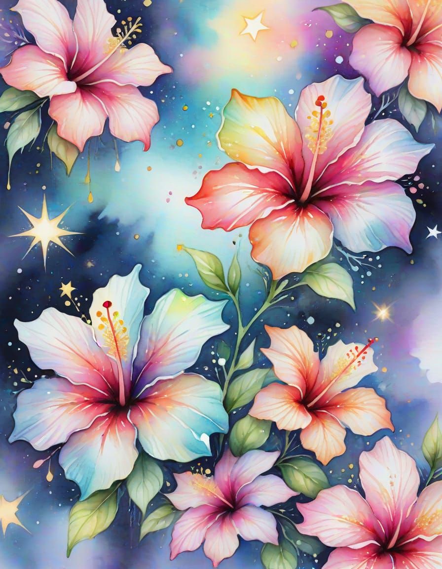 Watercolor Hibiscus Flowers with Sparkling Opal Eyes