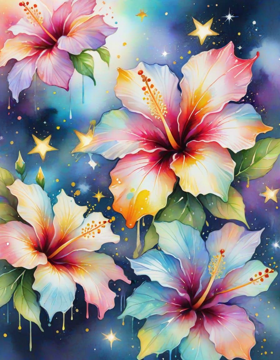 Opal Eyes Surrounded by Hibiscus Flowers as Watercolor Art