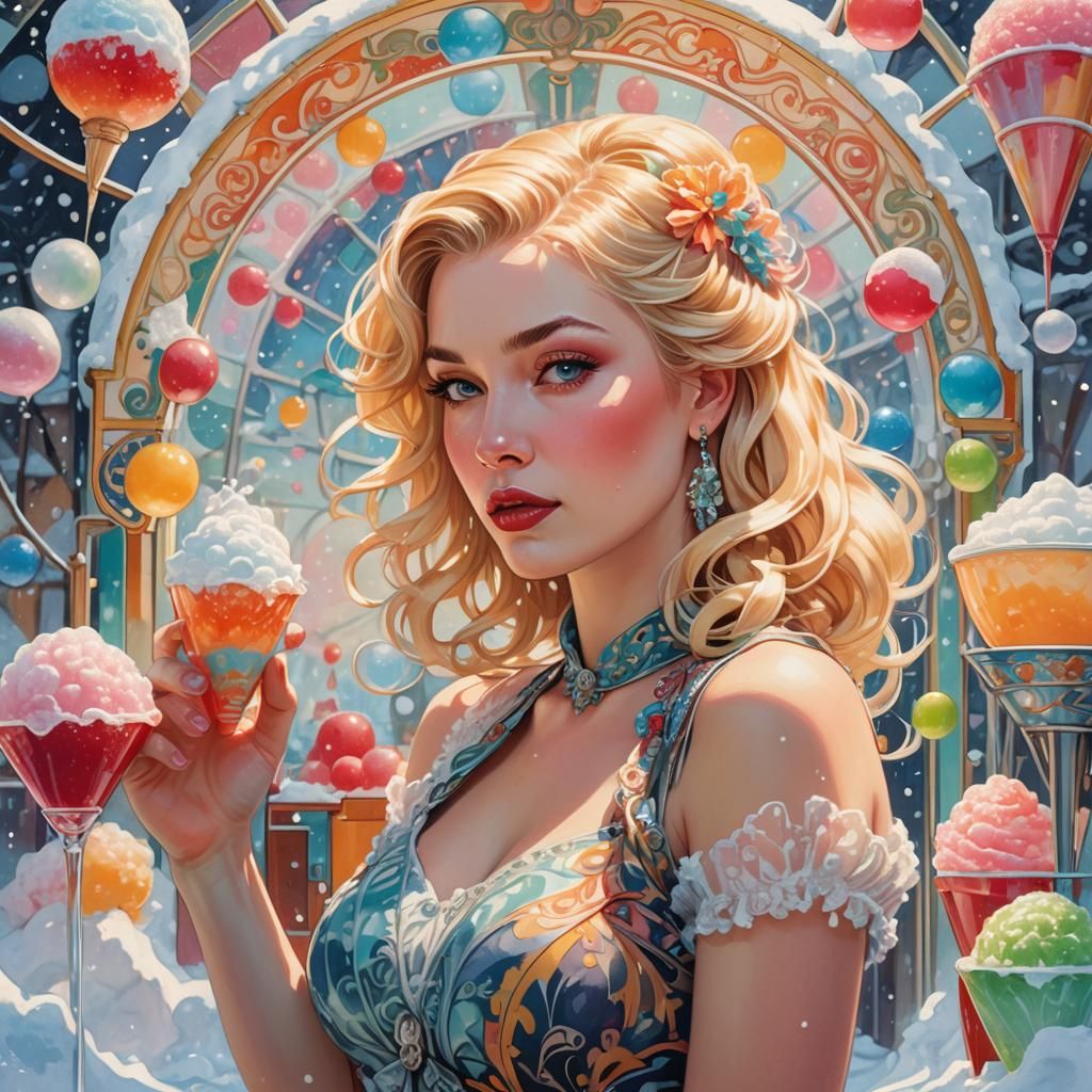 Pinup Girl at Snow Cone Machine in Art Nouveau Style