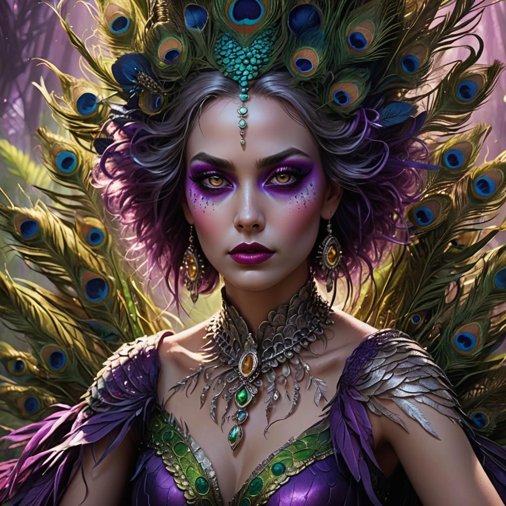 Fantasy Woman with Peacock Hair, Hyperrealistic Art