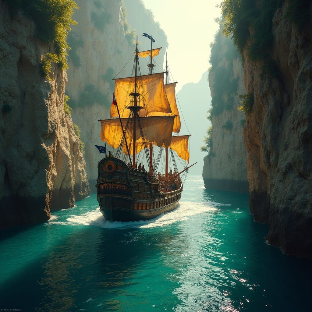 Epic Pirate Ship Sails Through Turquoise Channel