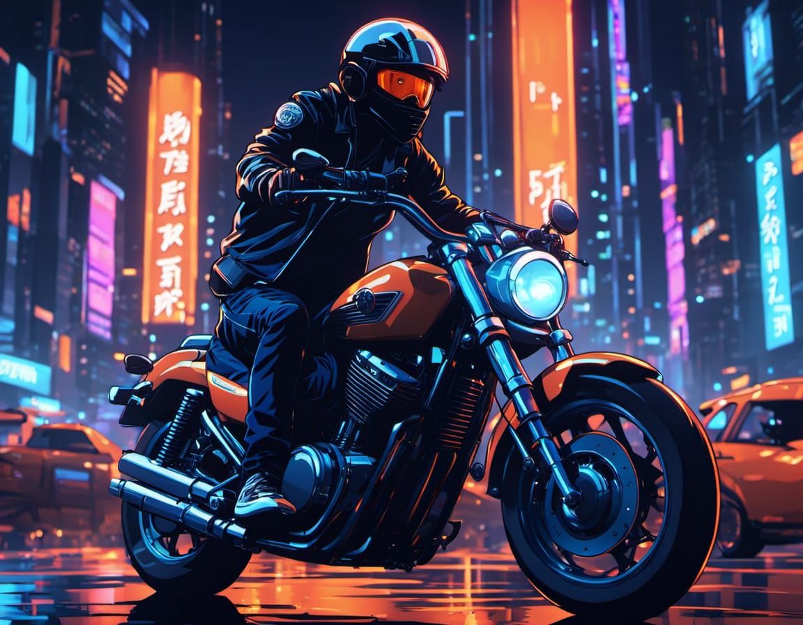 Gritty Anime Young Man Riding Chopper Motorbike