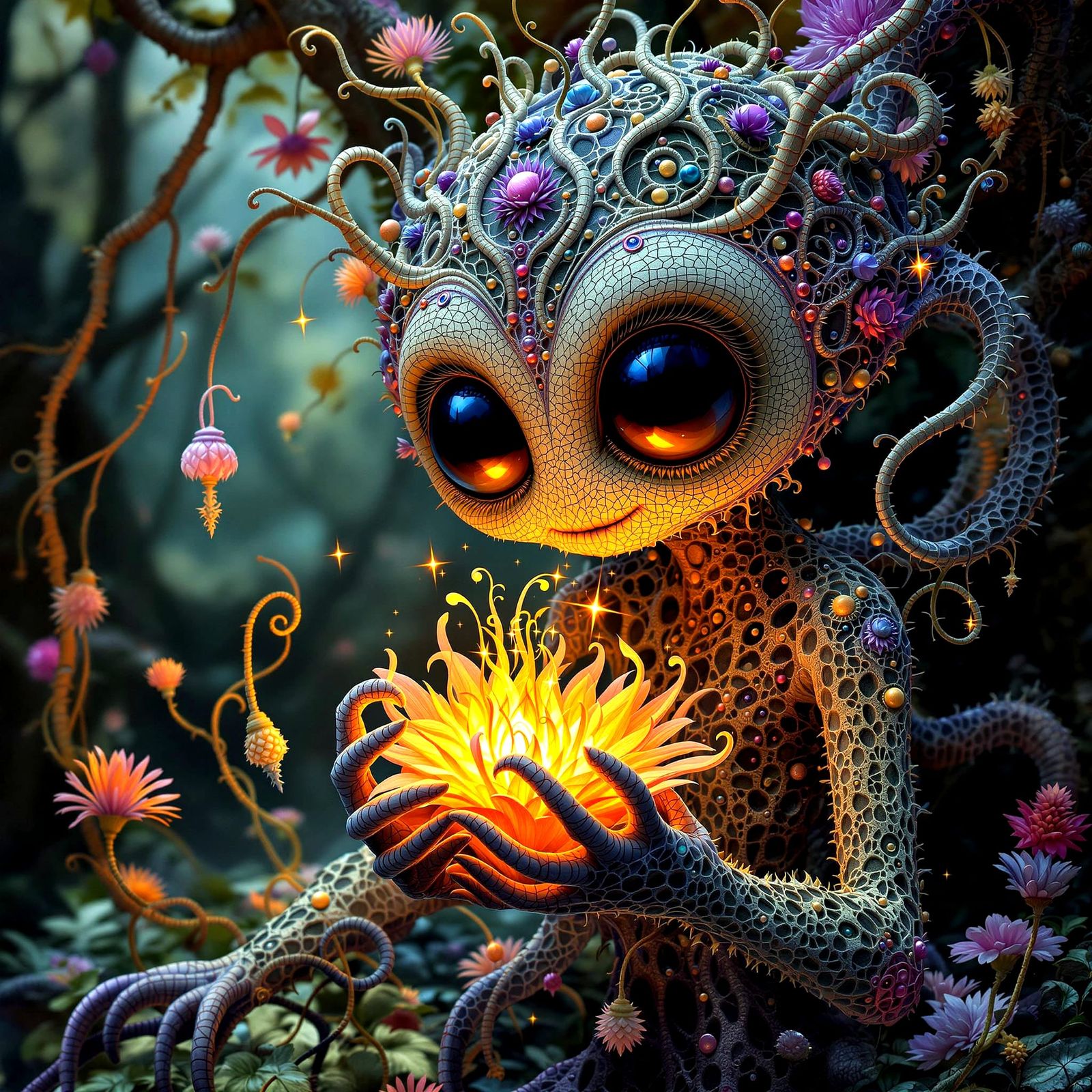Whimsical Creature With Glowing Flower in Mystical Forest