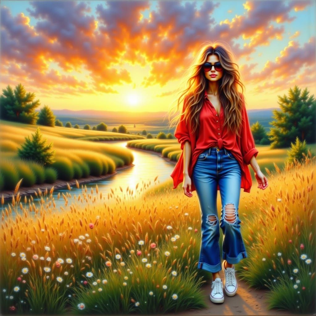 Woman Walking by River at Sunset Oil Painting