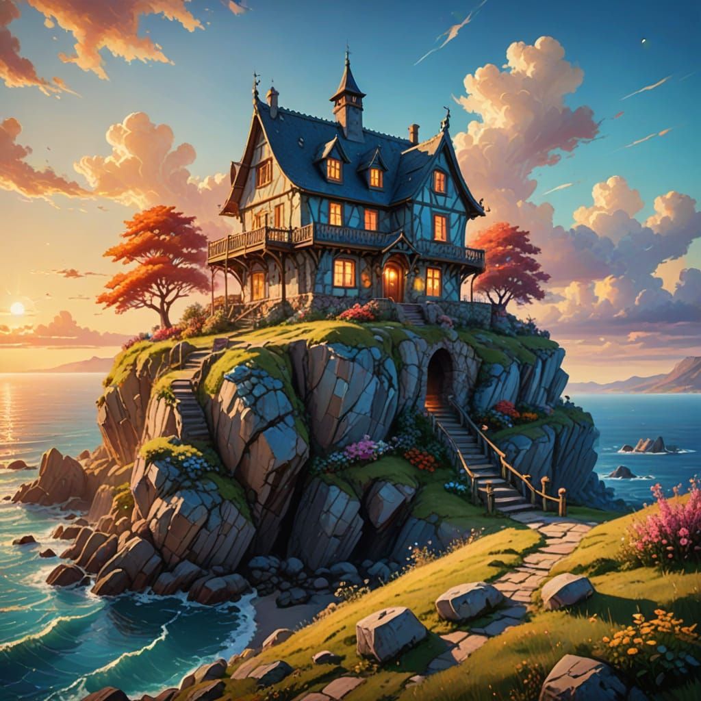 Whimsical Fairy-Tale House in Golden Hour