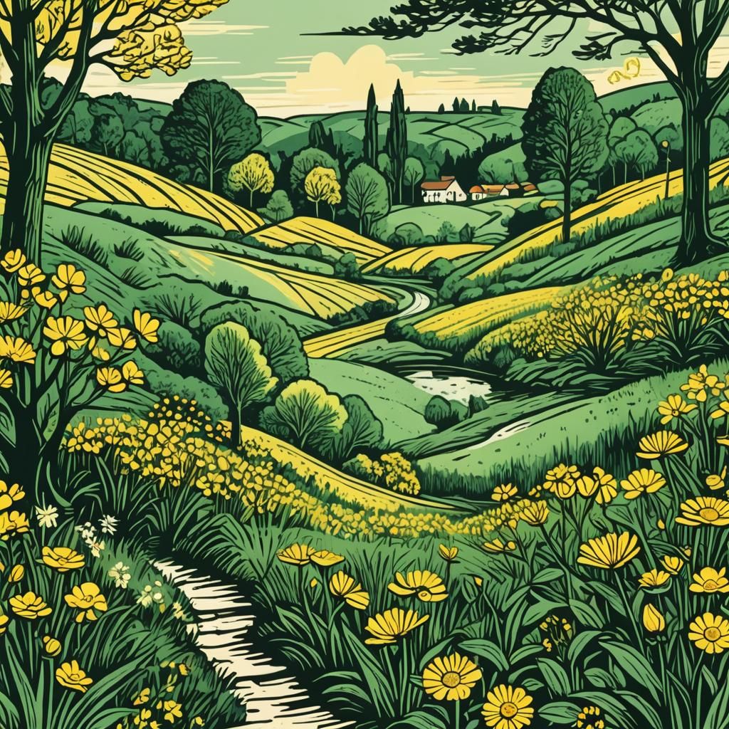Spring Scenery in Linocut Style: Green and Yellow