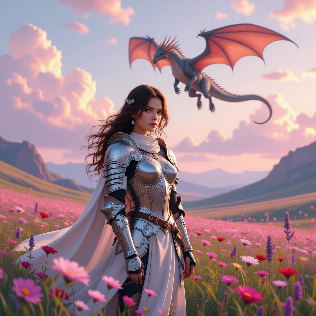 Dragon Takes Flight Behind Armored Maiden