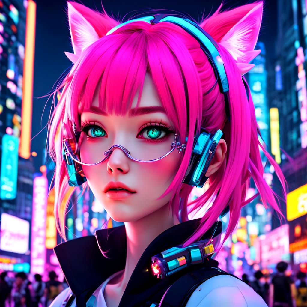 Kawaii Neko Girl in High-Tech Anime Cityscape