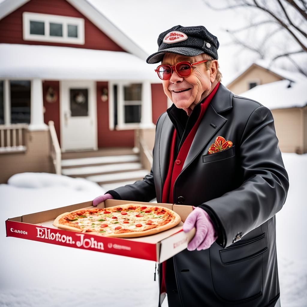 Elton John Delivers Pizza in Winter: Professional Photograph...