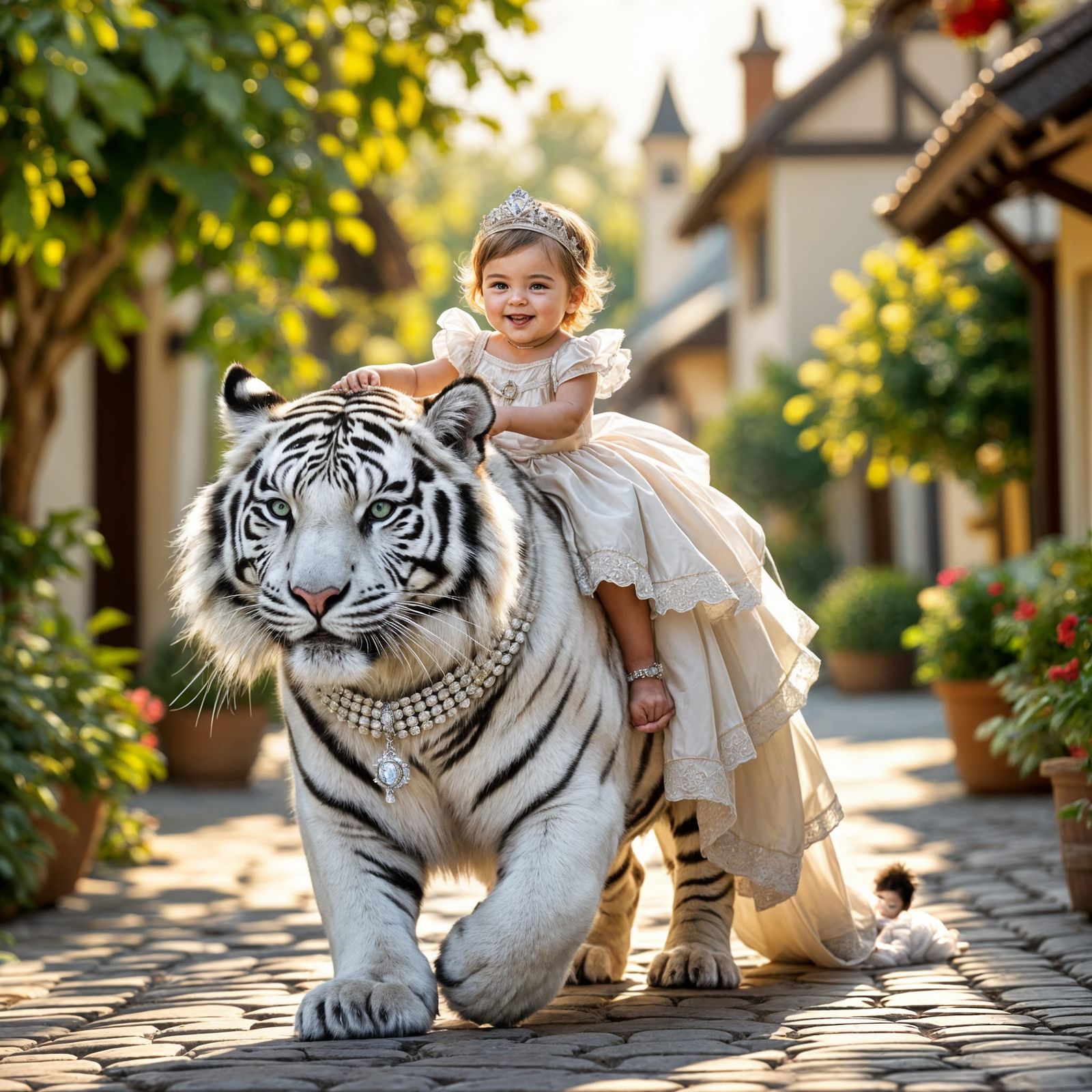 Happy Baby Princess Rides Majestic White Tiger Through Town