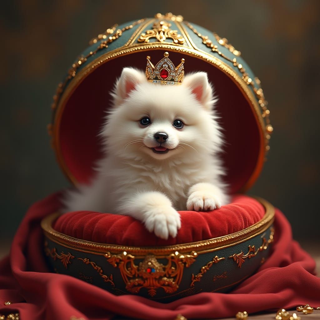 Crowned Samoyed Puppy Inside Fabergé Egg