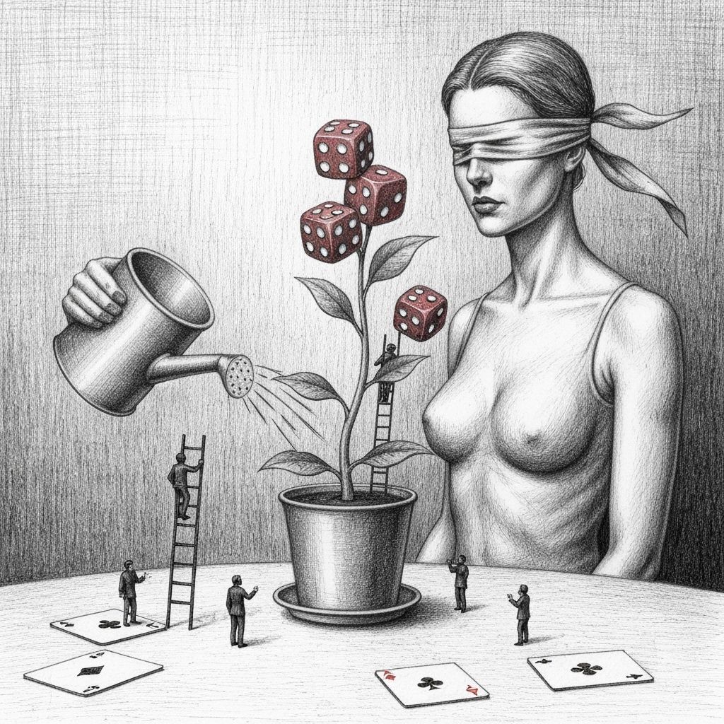 Surreal Blindfolded Lady Watering Dice in Pencil Drawing