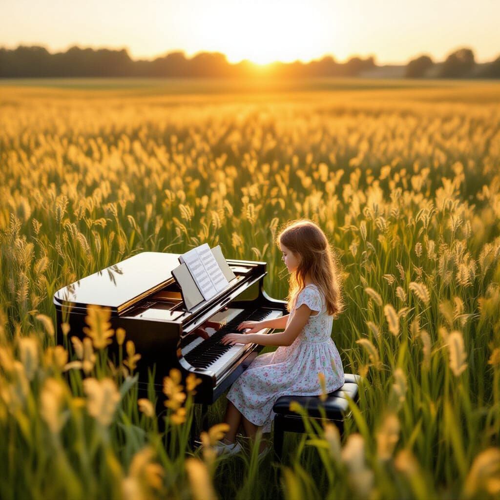 Girl Playing Piano in Meadow from Above