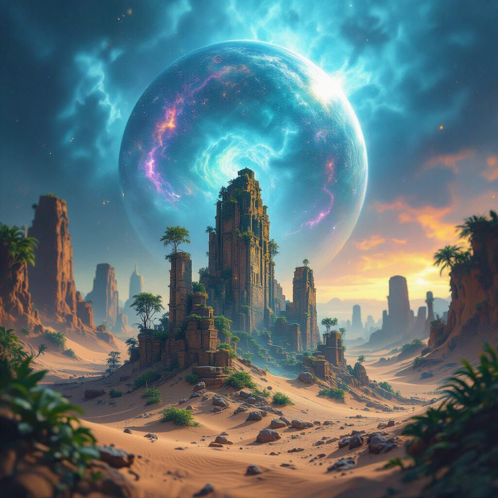 Ancient Jungle Ruins Under Cosmic Thunderstorm