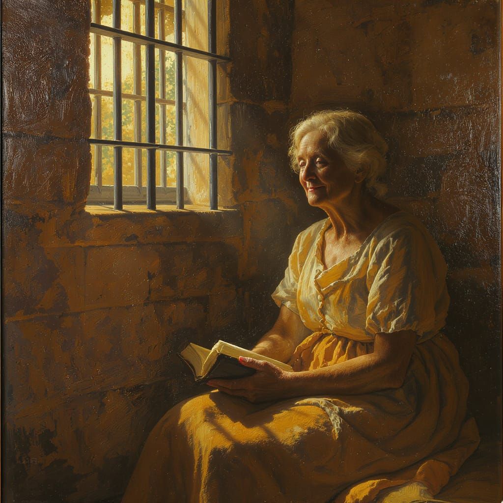 Contented Woman in Prison Cell, Expressionist Painting