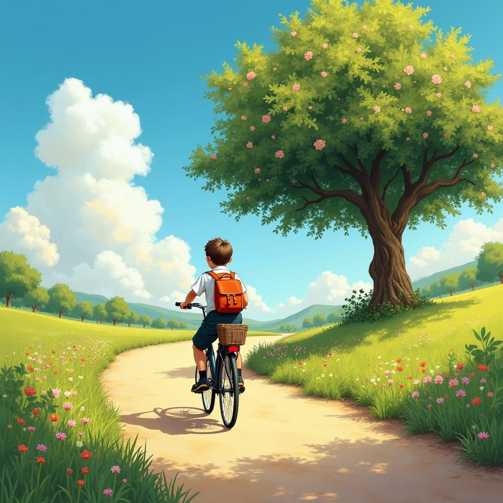 Boy Cycling Through Greenery: Storybook Impression