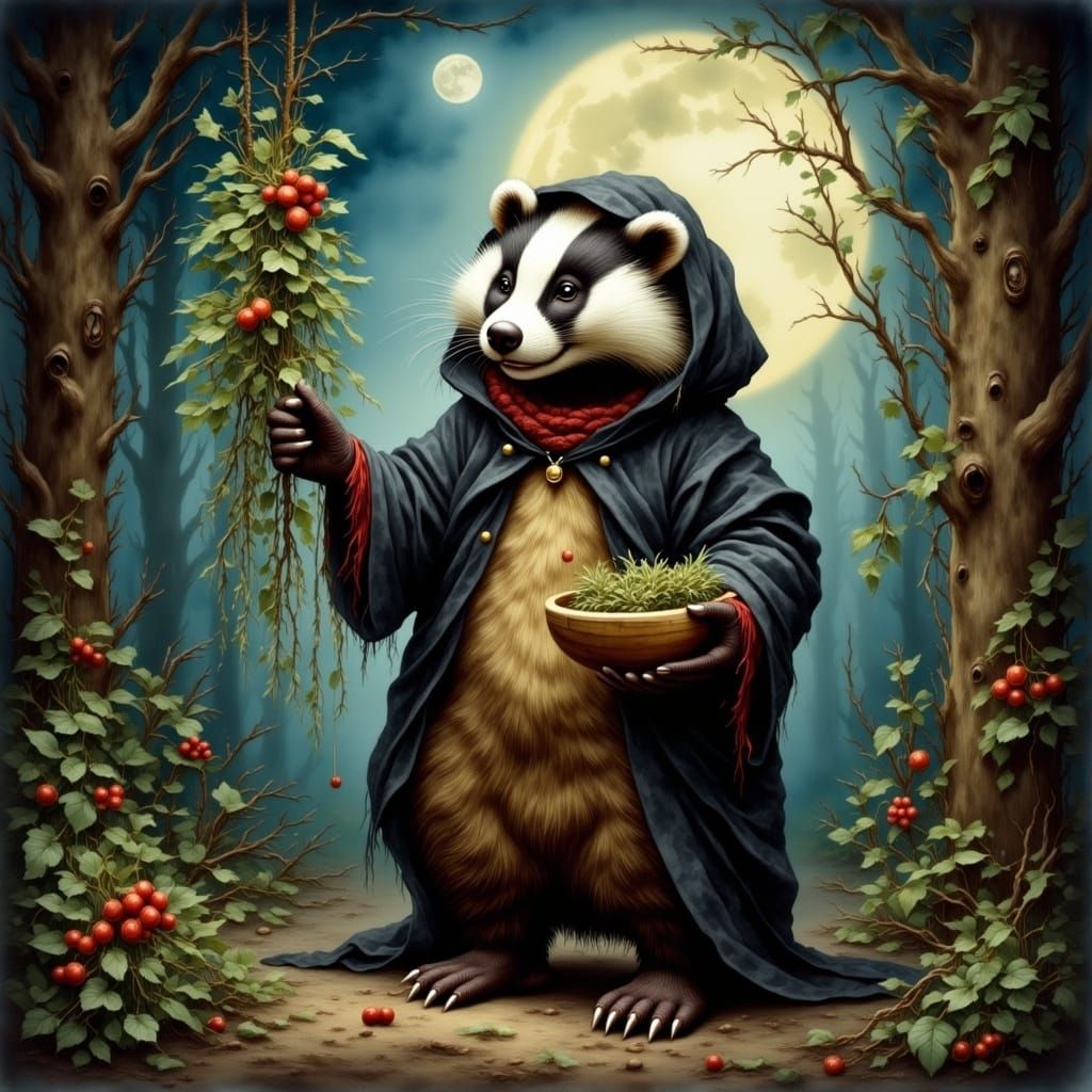 Whimsical Badger Harvesting Mistletoe in Moonlight