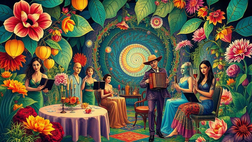 Surreal Garden Party in Psychedelic Art Style