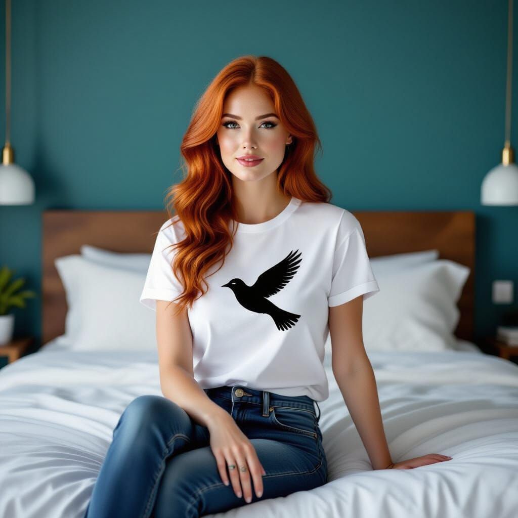 Red-Haired Woman in Modern Bedroom Digital Art