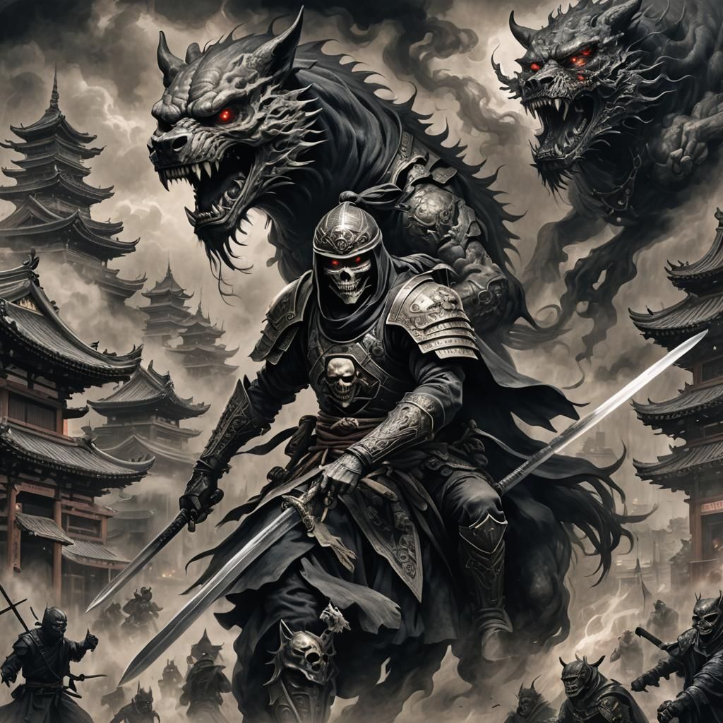 Skull Ninja Rides Cyborg Wolf in Dark City