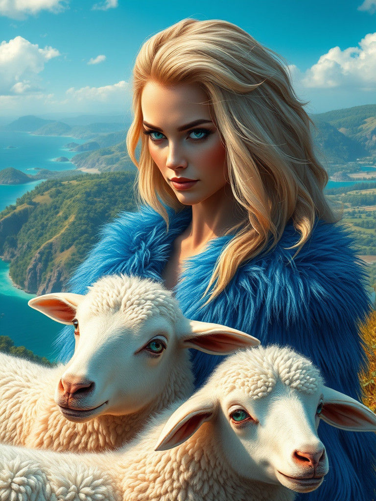 Mythical Cyclops Woman with Sheep on Bucolic Island