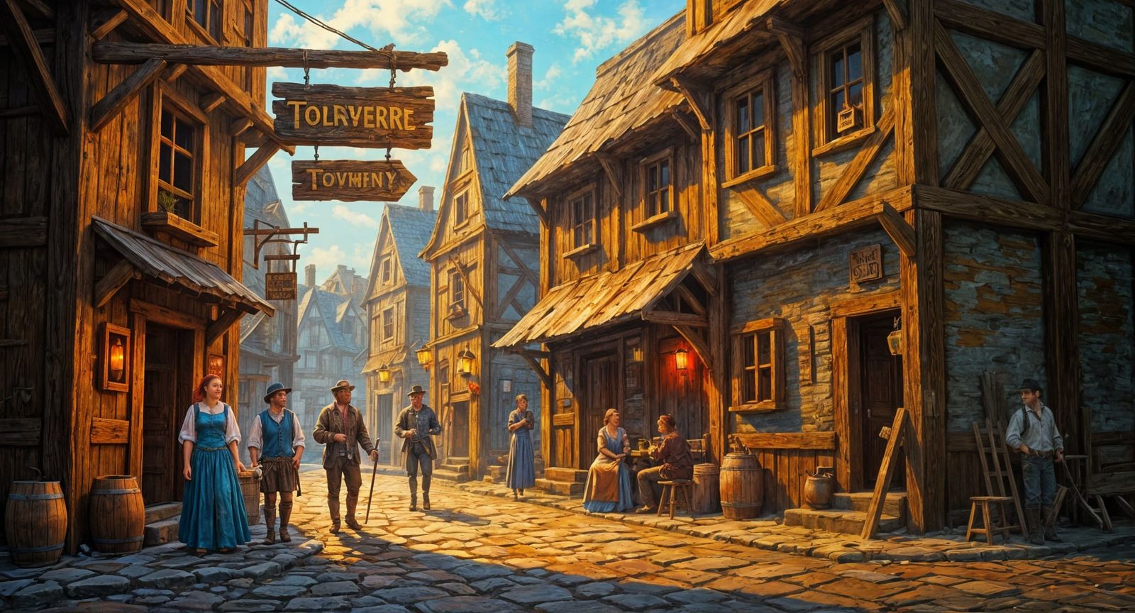 Rustic Folklore Tavern at Alleys, Oil Painting Style