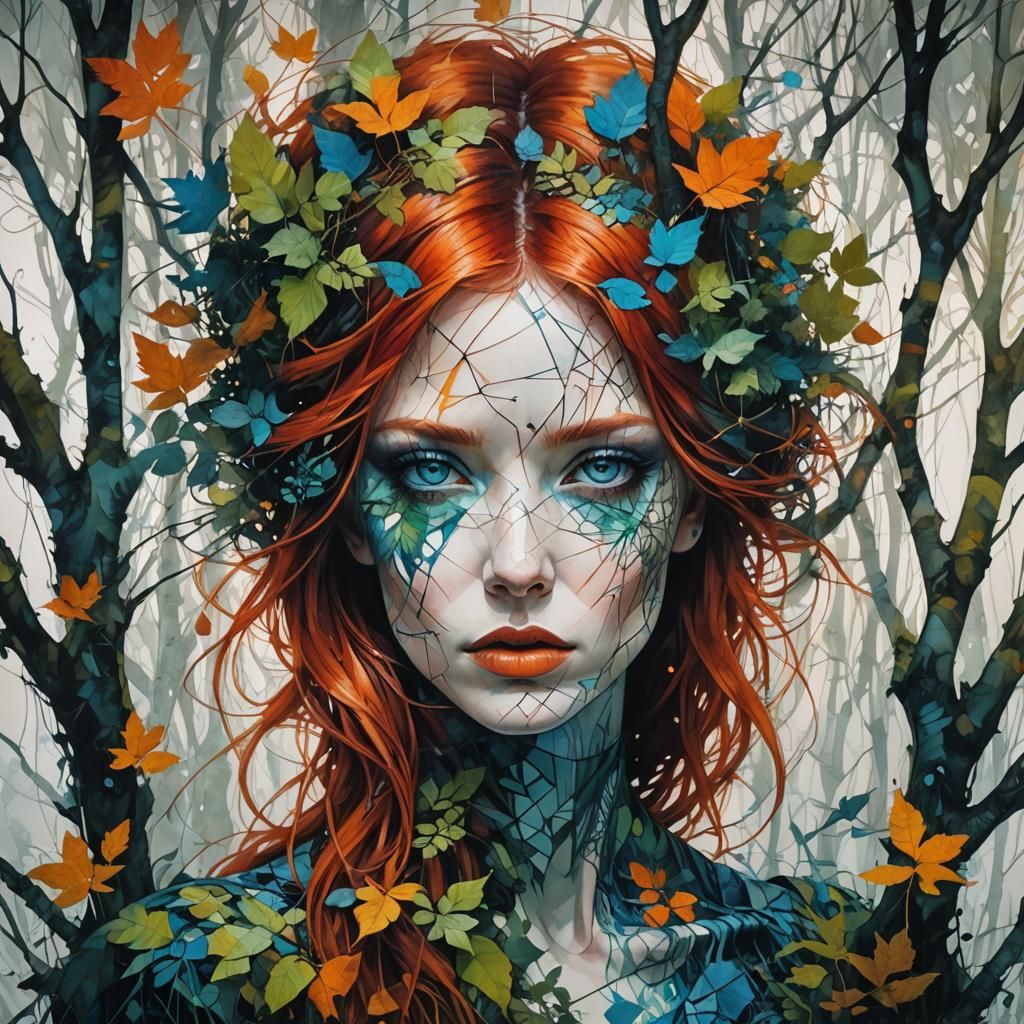 Mysterious Forest Woman with Geometric Patterns