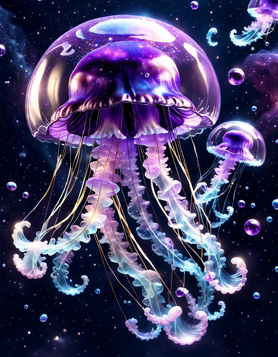 Reflective Crystal Jellyfish in Nebula, 3D Render