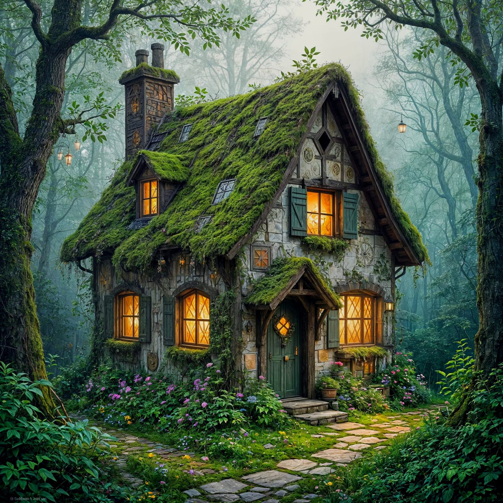 Enchanted Cottage in Forest, Storybook Illustration