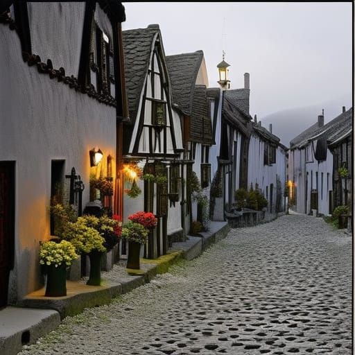 Moonlit Bohemian Village Street Scene at Night