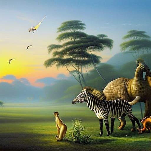 Zebra Rescues Monkey From Giant Banana, Ethereal Fantasy