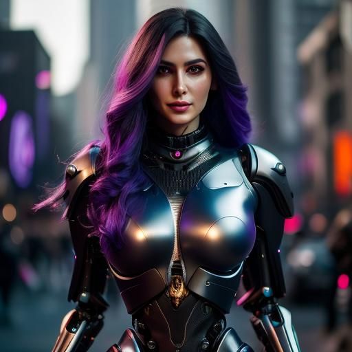 Beautiful Robotic Woman in Cyberpunk Cityscape