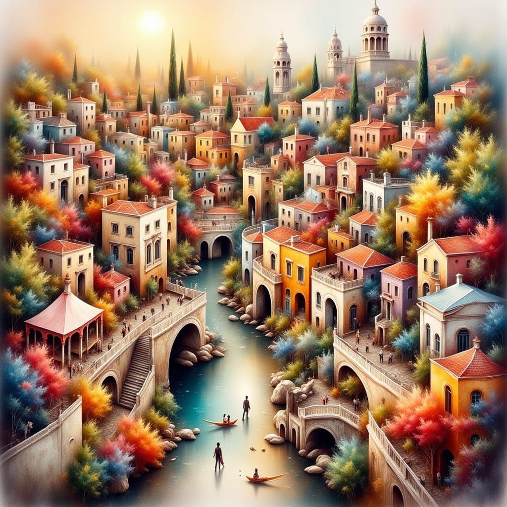 Whimsical Miniature Buildings in Dreamlike Watercolor Style