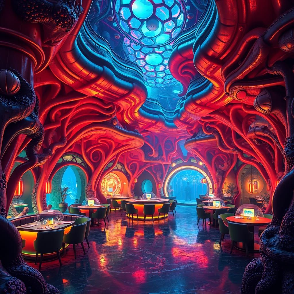 Futuristic Underwater Restaurant in Neon-Lit Splendor