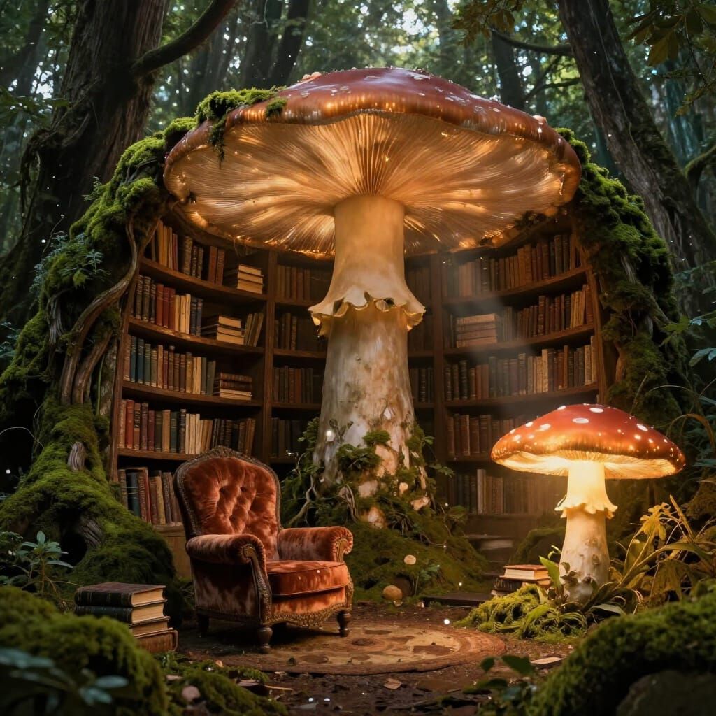 Enchanted Mushroom Forest Library with Sunbeams