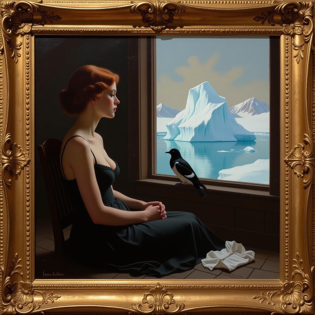 Somber Redhead with Iceberg, Realist Oil Painting