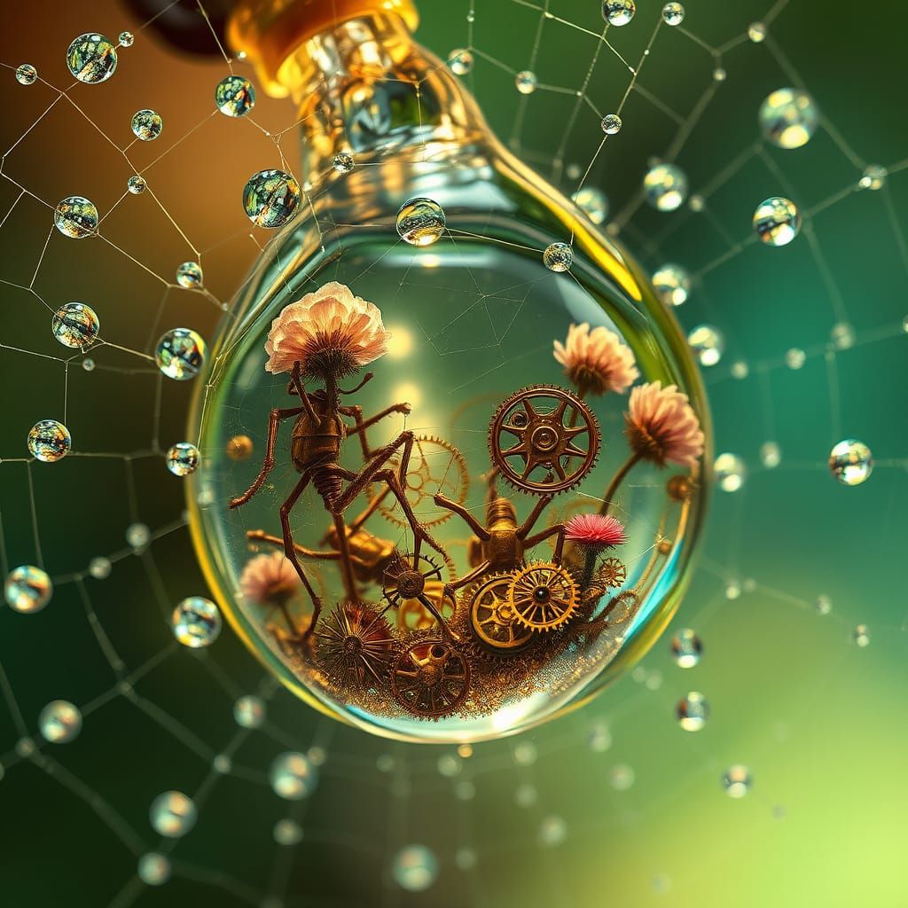 Hidden Steampunk World in Dewdrop, Hyperrealistic Splash Art