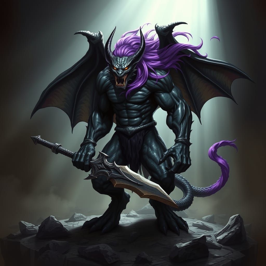 Gothic Creature with Sword and Purple Hair