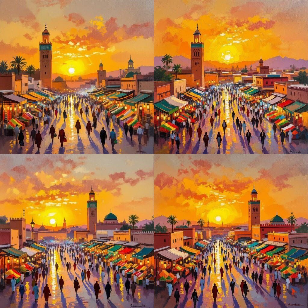 Marrakech Sunset Oil Painting of Jemaa el-Fna Square