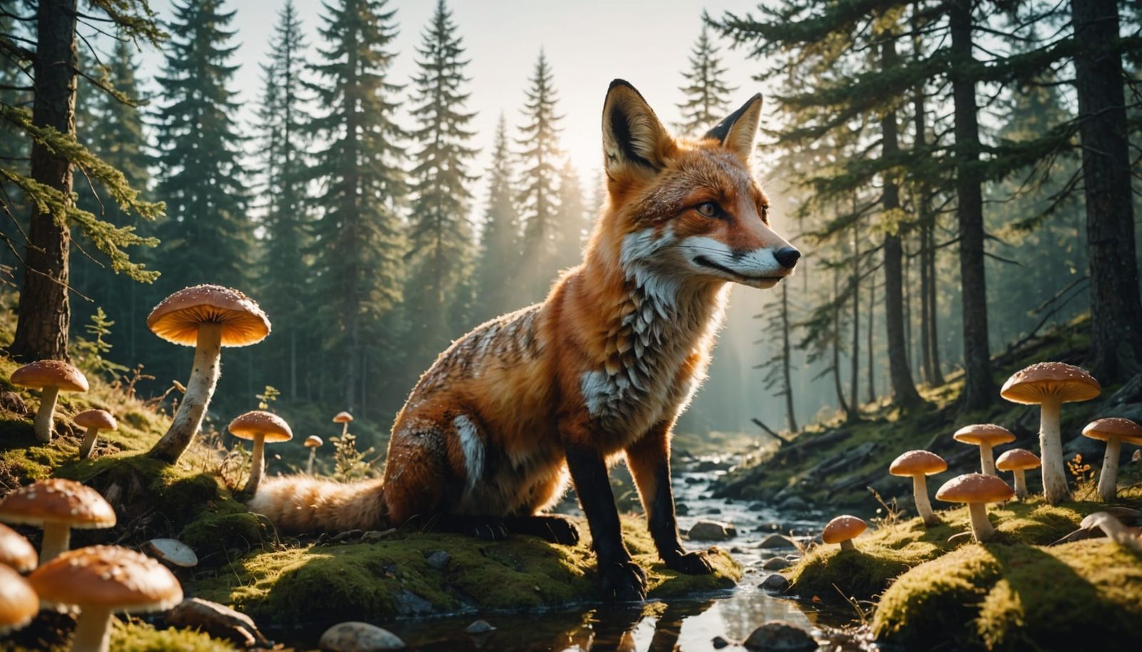 Giant Fox Head Micro Landscape with Girl and Mushrooms