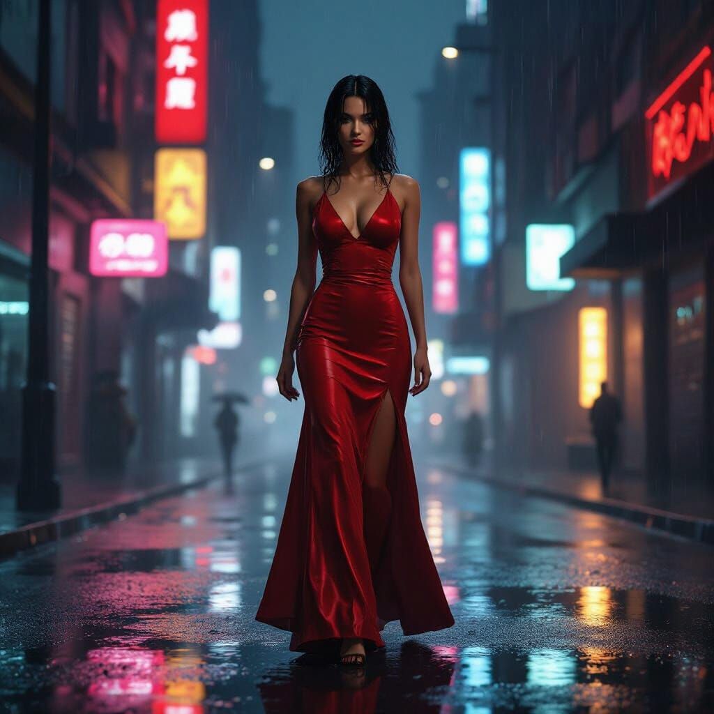 Cyberpunk Woman in Rain-Soaked Cityscape