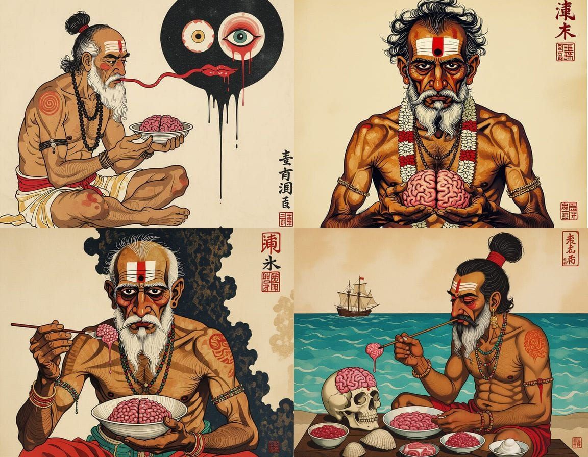 Surreal Ancient Man Serving Bizarre Meat Dish