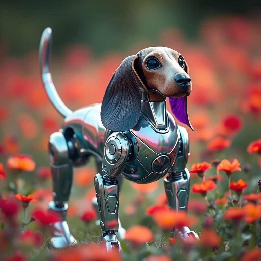 Robotic Basset Hound in Iridescent Colors Amidst Flowers