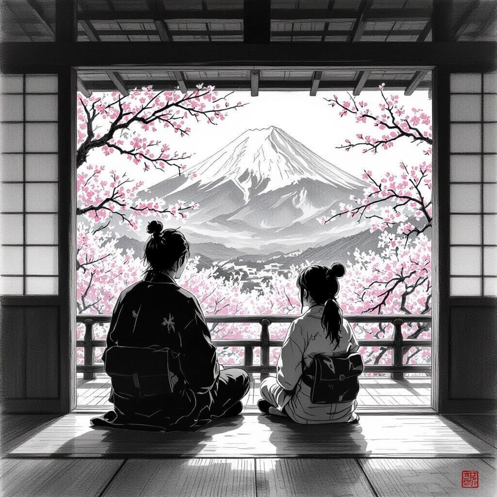 Serene Sakura Cabin: A Japanese-Style Pencil Drawing